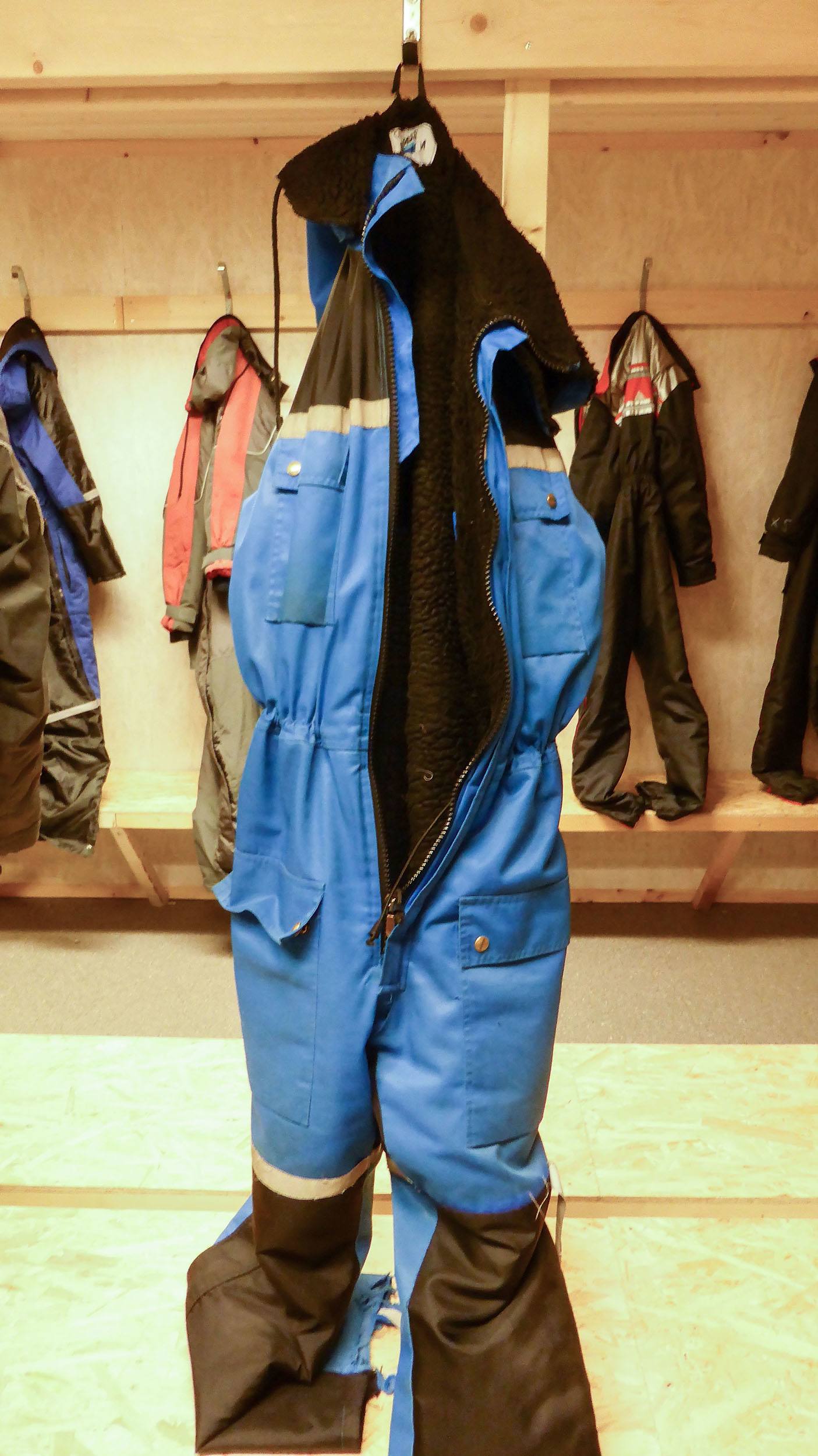A snowsuit used at Camp Alta Sweden for riding snowmobiles
