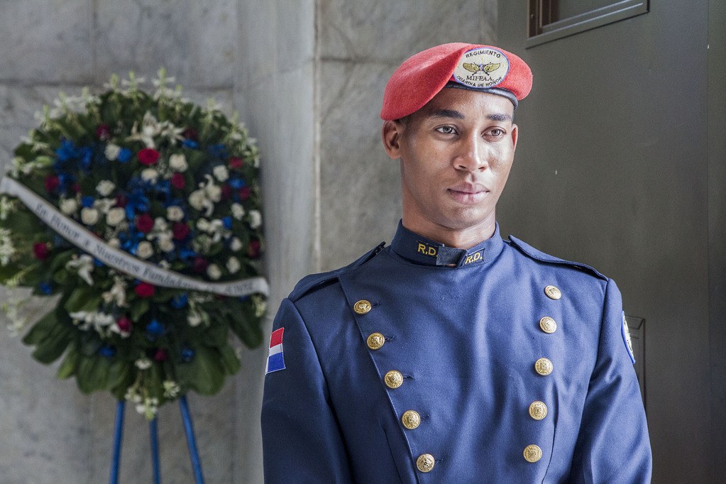 A uniformed man guarding the Tomb of Juan Pablo Duarte in his mausoleum in Parque Independencia Santo Domingo Dominican Republic