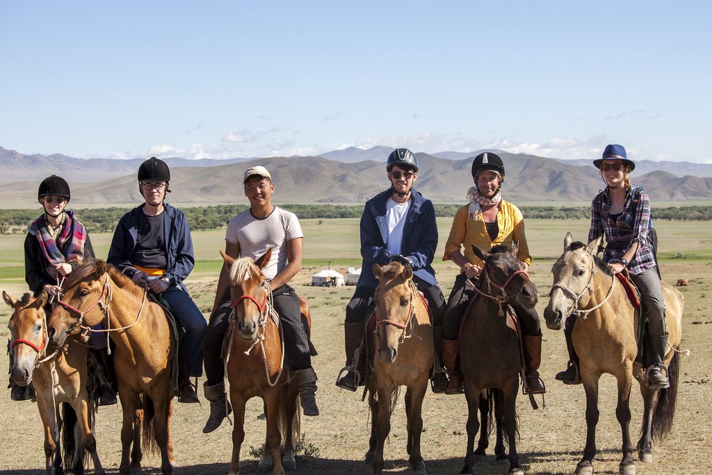 Ben with travellers and locals on a horse trek near Hustai National Park Mongolia