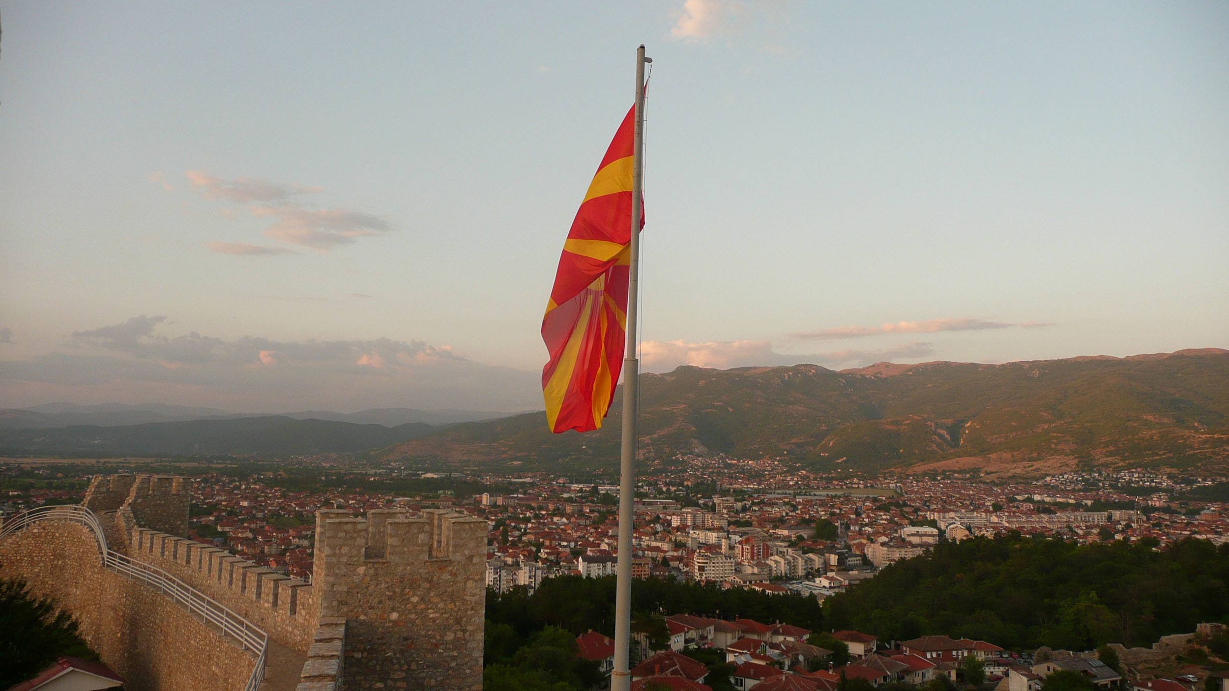 Flag of North Macedonia flying at Samoil's Fortress in Ohrid