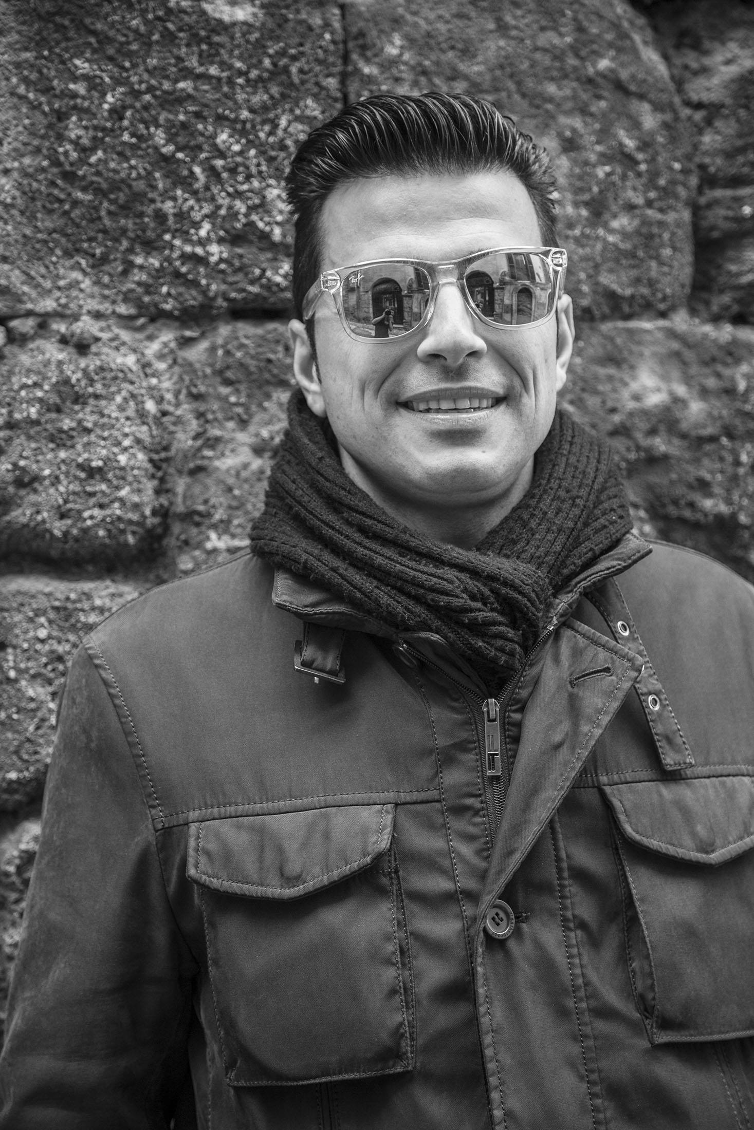 Ismael in black and white against a wall in Ferentino-Supino Italy