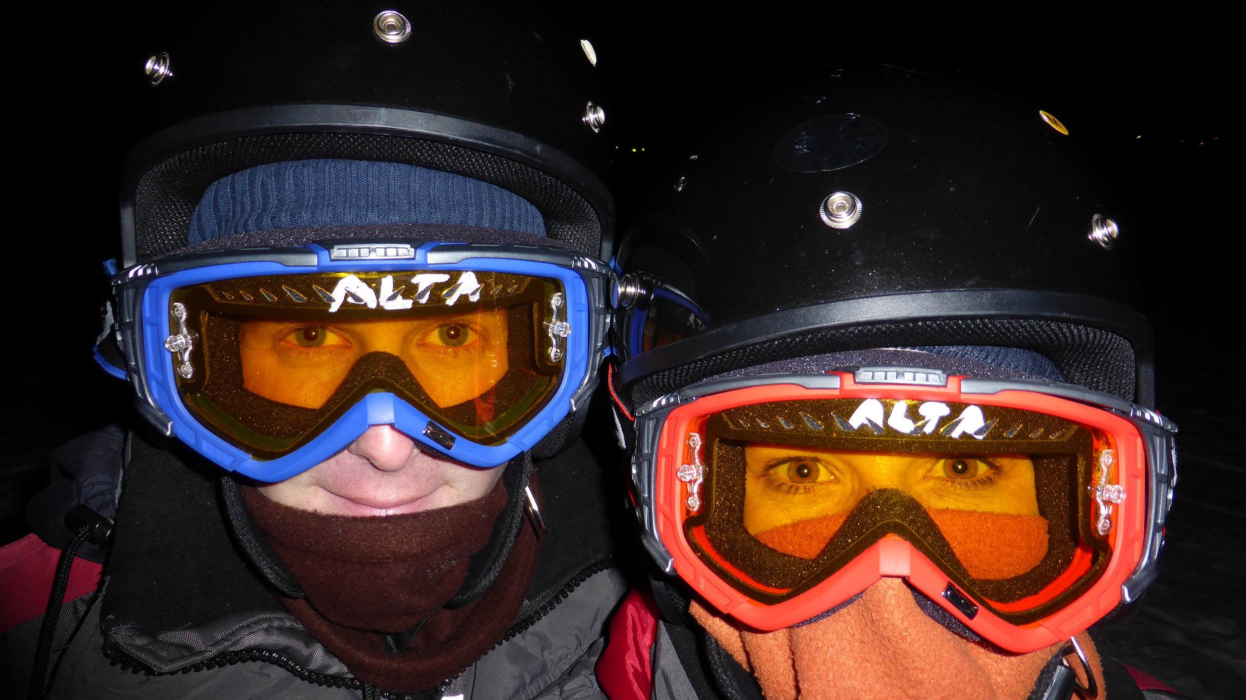 Kylie and Ben wearing goggles for driving snowmobiles in Sweden