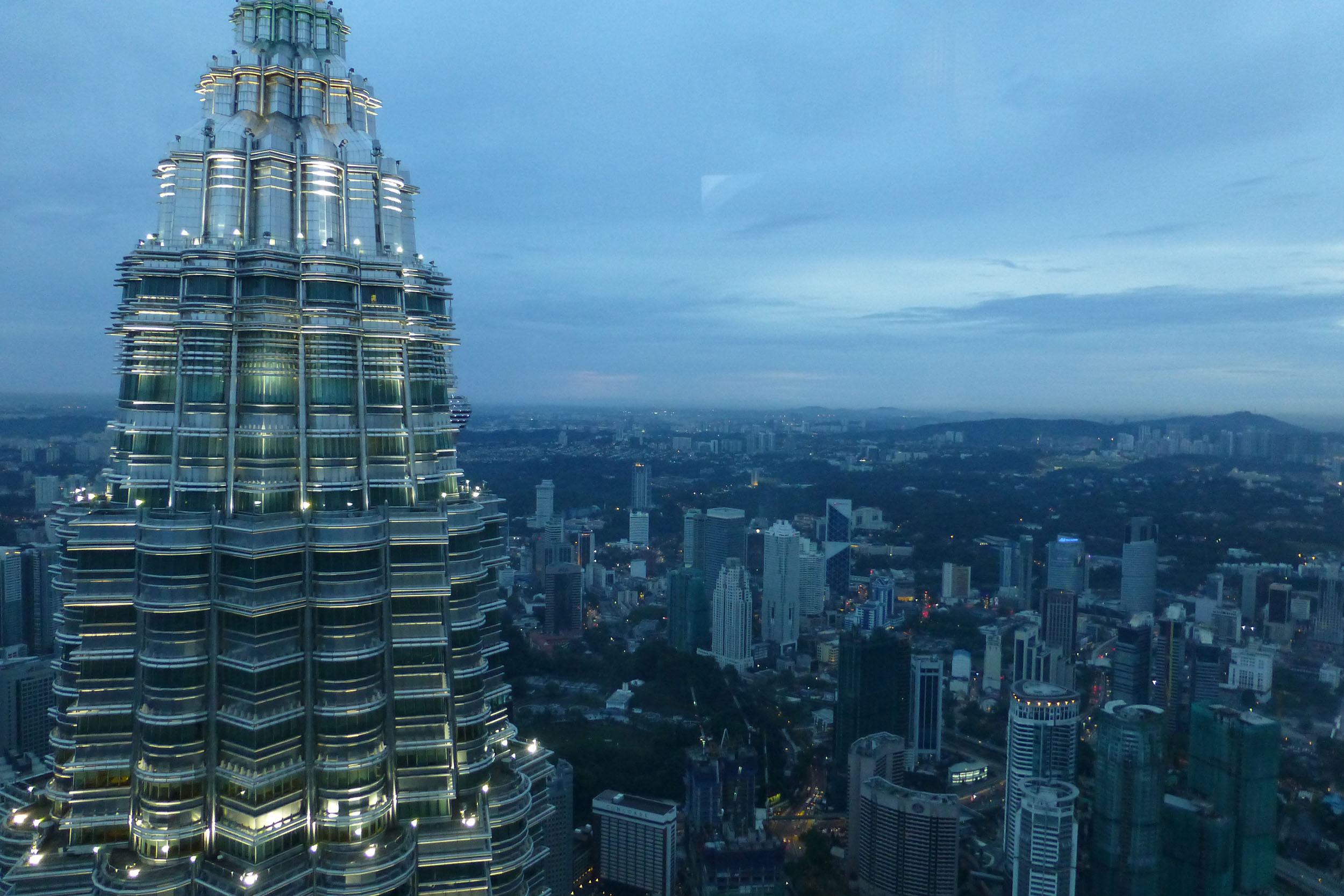 One of the Petronas Towers from the Observation Deck of the other in Kuala Lumpur Malaysia