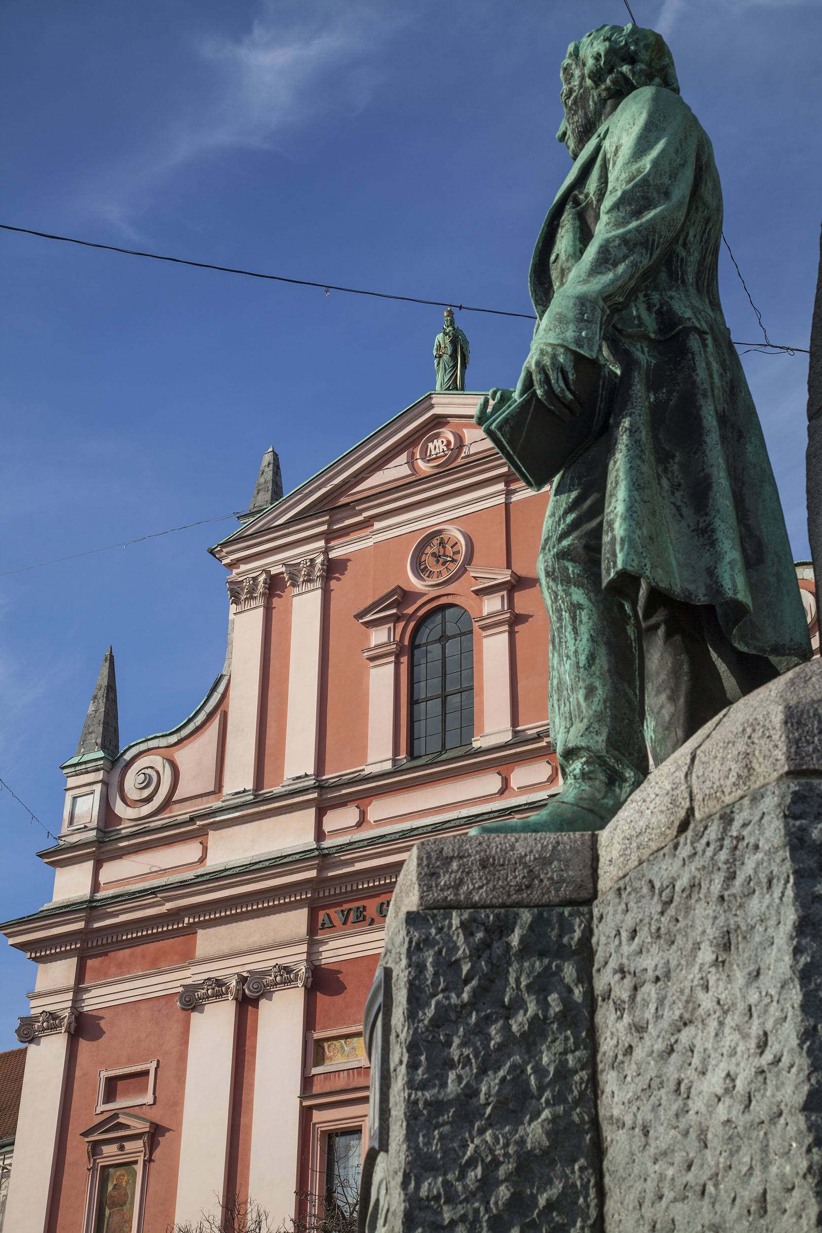 Statue in front of Franciscan Church of the Annunciation Ljubljana Slovenia