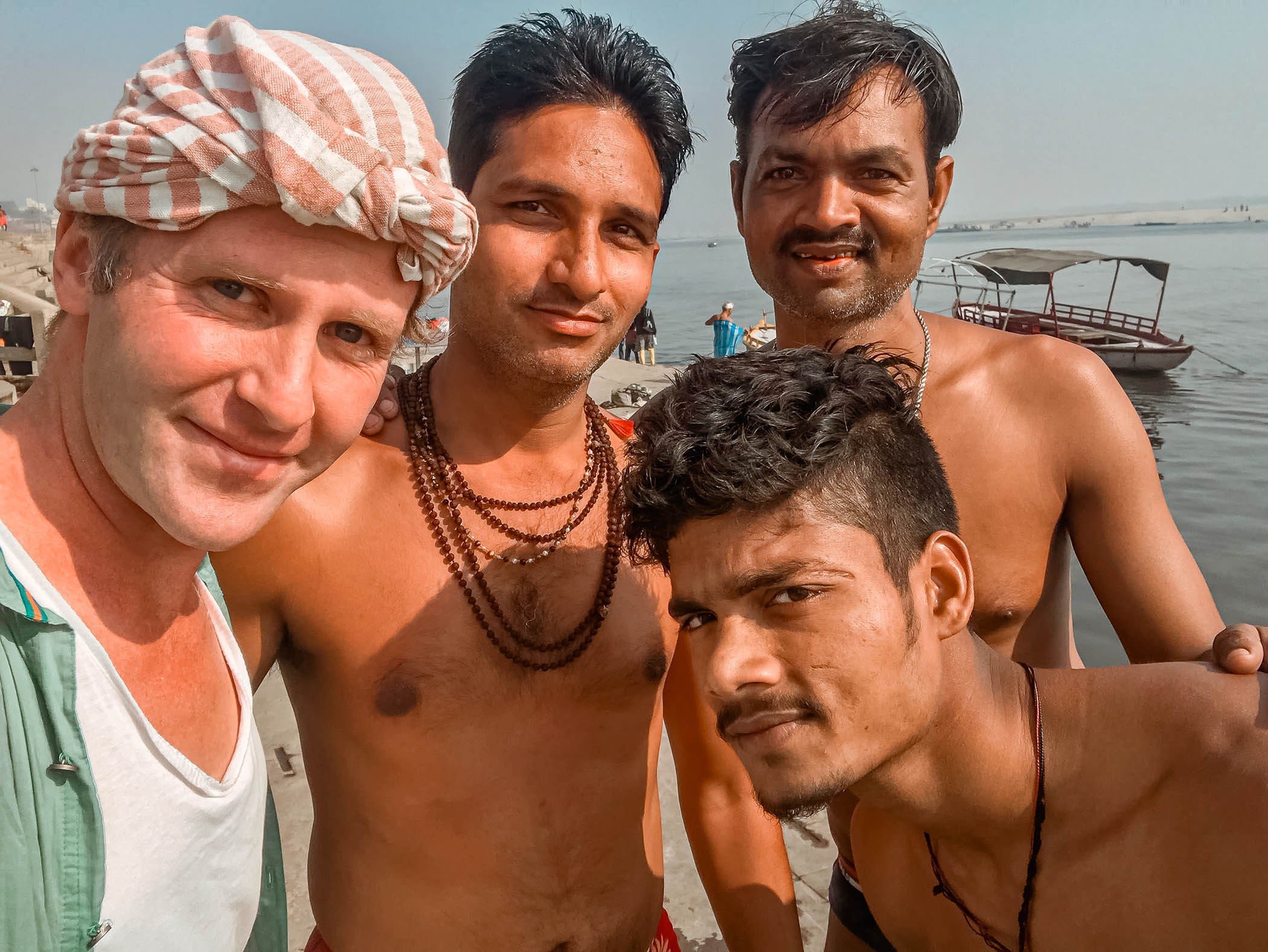 Ben with Kushti wrestlers on the banks of the Ganges in Varanasi, India