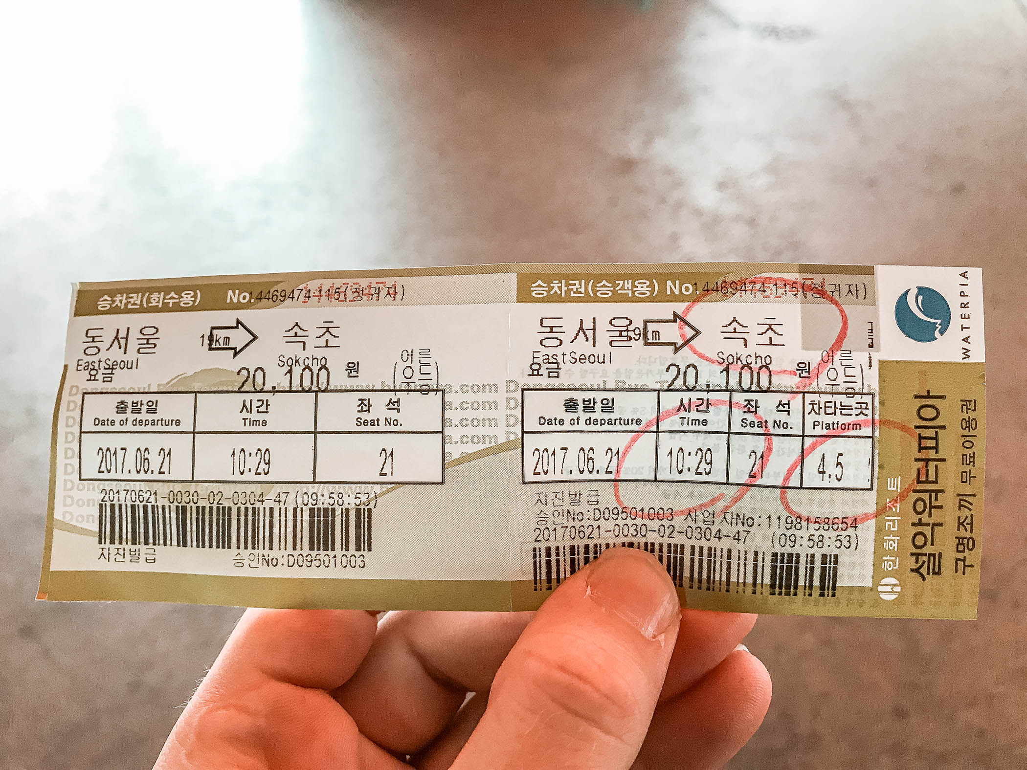 Bus ticket for journey between Seoul and Sokcho