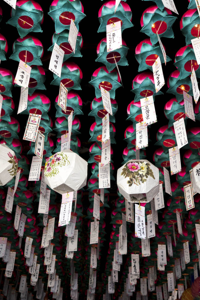 Lanterns hanging inside Sinheungsa in Seoroksan National Park in South Korea